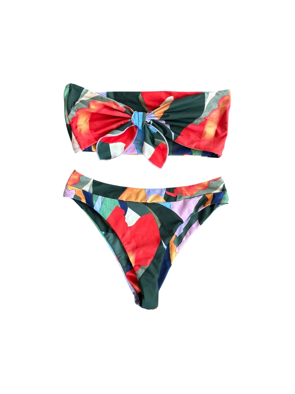 Abstract Floral Tie Front Bandeau Bikini Set Size L